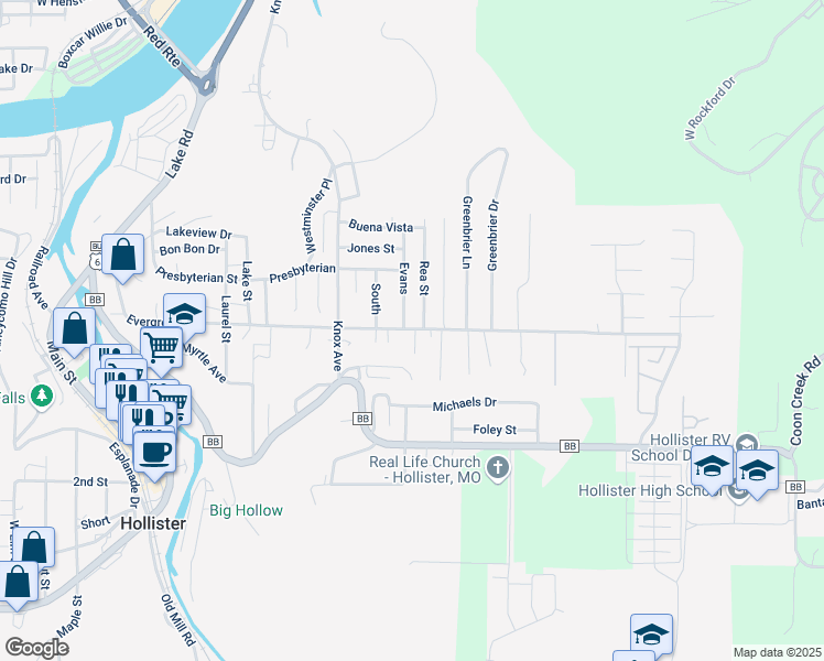 map of restaurants, bars, coffee shops, grocery stores, and more near 876 Evergreen Avenue in Hollister