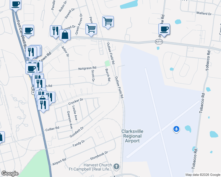 map of restaurants, bars, coffee shops, grocery stores, and more near 408 Burch Road in Clarksville