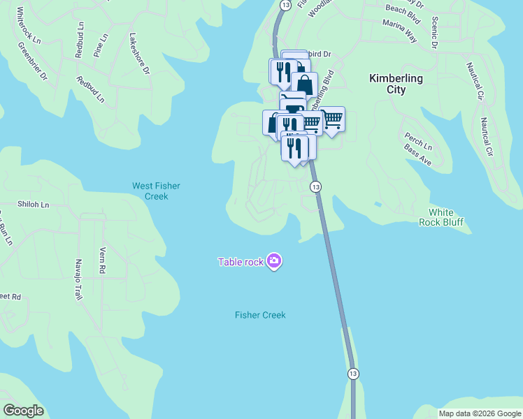 map of restaurants, bars, coffee shops, grocery stores, and more near 222 Anchors Point Lane in Kimberling City