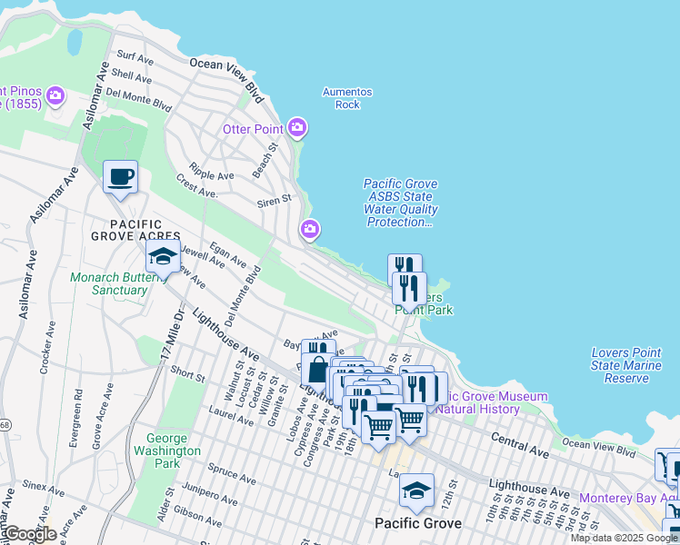 map of restaurants, bars, coffee shops, grocery stores, and more near 725 Ocean View Boulevard in Pacific Grove