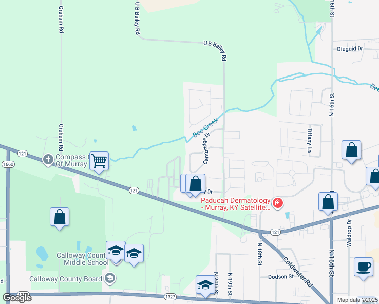 map of restaurants, bars, coffee shops, grocery stores, and more near 164 Megan Drive in Murray