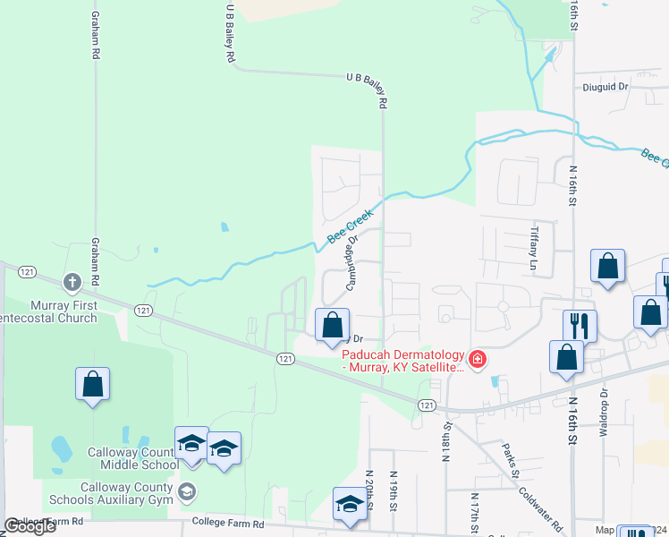 map of restaurants, bars, coffee shops, grocery stores, and more near 210 Megan Drive in Murray