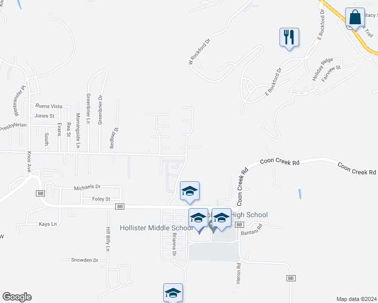 map of restaurants, bars, coffee shops, grocery stores, and more near 210 White River Mountain Boulevard in Hollister
