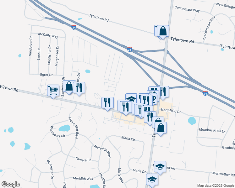 map of restaurants, bars, coffee shops, grocery stores, and more near 1833 Tiny Town Road in Clarksville