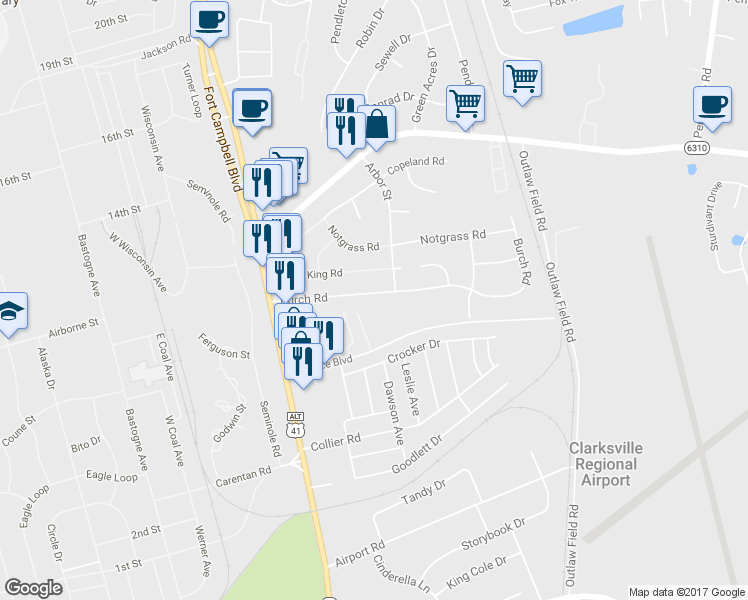 map of restaurants, bars, coffee shops, grocery stores, and more near 236 Burch Road in Clarksville