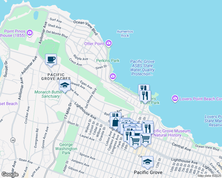 map of restaurants, bars, coffee shops, grocery stores, and more near 700 Briggs Street in Pacific Grove