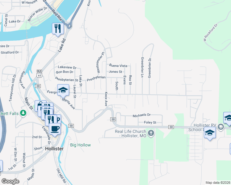 map of restaurants, bars, coffee shops, grocery stores, and more near 822 Evergreen Avenue in Hollister