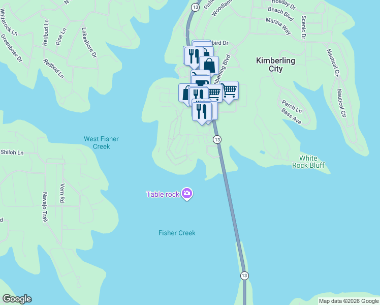 map of restaurants, bars, coffee shops, grocery stores, and more near 222 Anchors Point Lane in Kimberling City