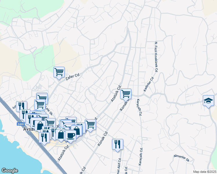 map of restaurants, bars, coffee shops, grocery stores, and more near Unnamed Road in Alanya