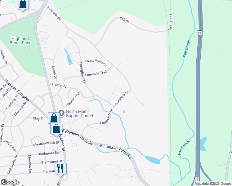 map of restaurants, bars, coffee shops, grocery stores, and more near 206 Seminole Drive in Danville