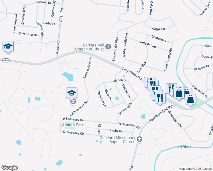 map of restaurants, bars, coffee shops, grocery stores, and more near 3341 Wiser Drive in Clarksville