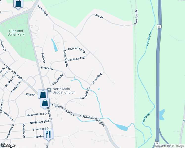 map of restaurants, bars, coffee shops, grocery stores, and more near 204 Kittyhawk Drive in Danville