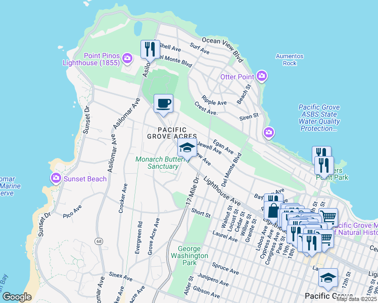 map of restaurants, bars, coffee shops, grocery stores, and more near 1038 Lighthouse Avenue in Pacific Grove