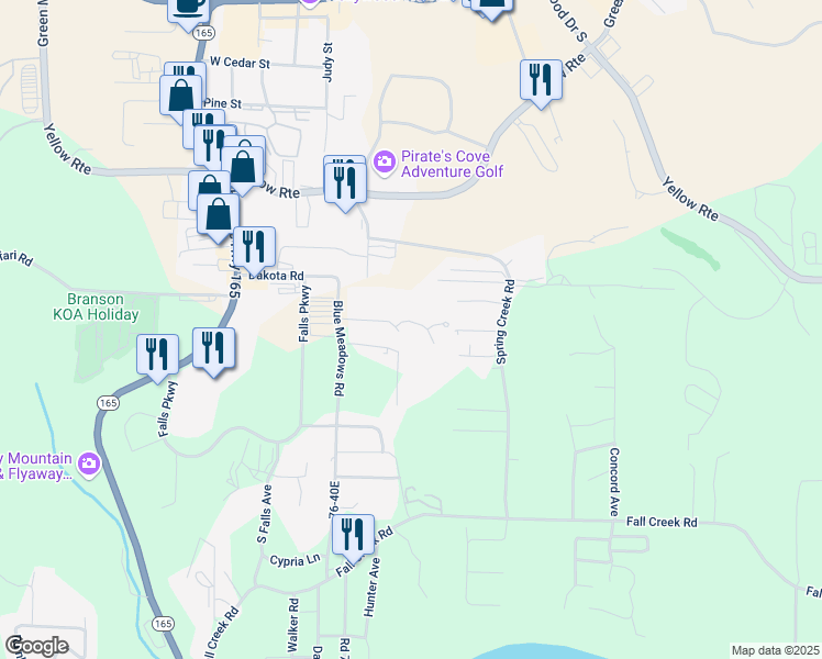 map of restaurants, bars, coffee shops, grocery stores, and more near 106 Oxford Drive in Branson