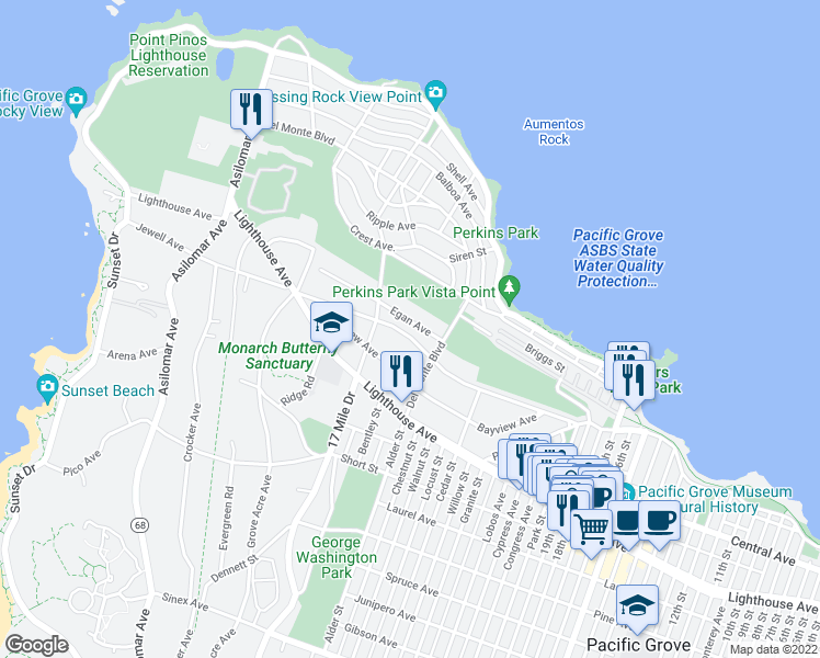 map of restaurants, bars, coffee shops, grocery stores, and more near 943 Egan Avenue in Pacific Grove