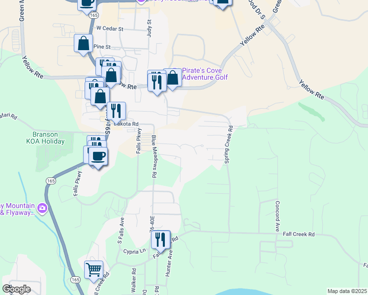 map of restaurants, bars, coffee shops, grocery stores, and more near 106 Oxford Drive in Branson