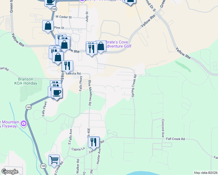 map of restaurants, bars, coffee shops, grocery stores, and more near 114 Oxford Drive in Branson