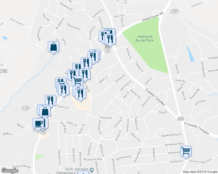 map of restaurants, bars, coffee shops, grocery stores, and more near 177 Orchard Drive in Danville