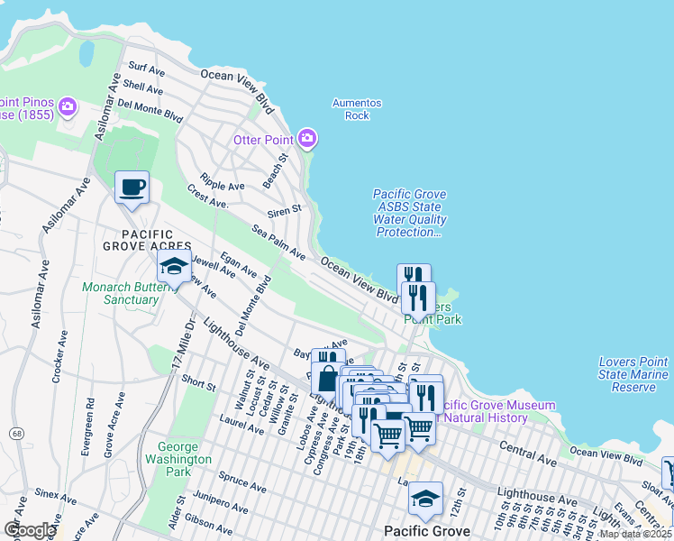 map of restaurants, bars, coffee shops, grocery stores, and more near 773 Ocean View Boulevard in Pacific Grove