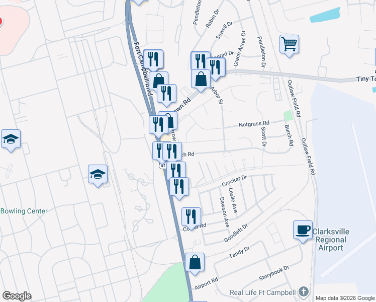 map of restaurants, bars, coffee shops, grocery stores, and more near 151 Wallace Boulevard in Clarksville