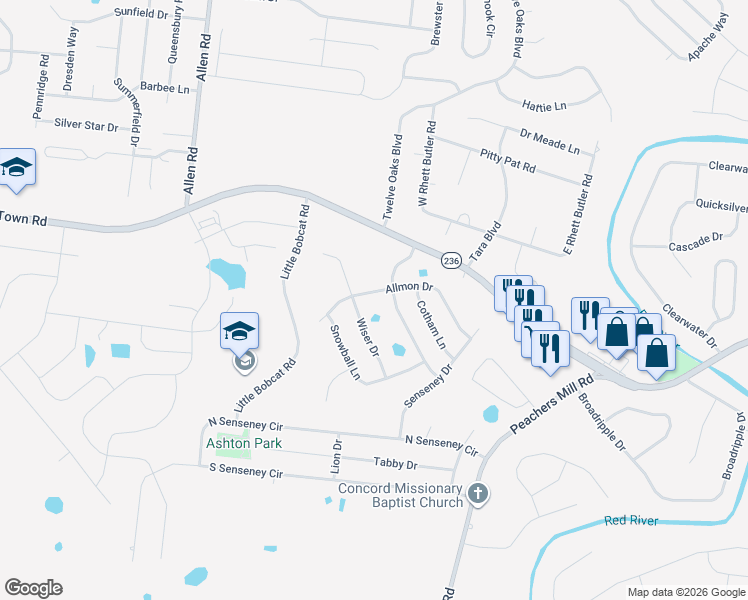 map of restaurants, bars, coffee shops, grocery stores, and more near 1289 Allmon Drive in Clarksville