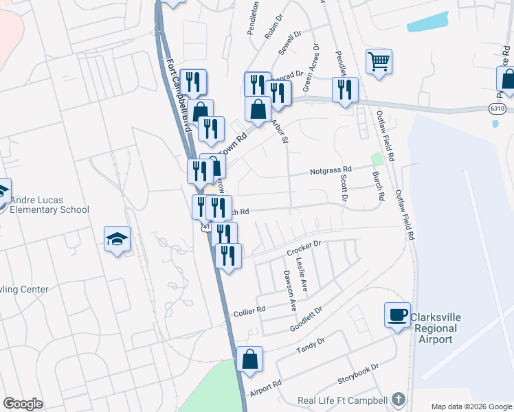 map of restaurants, bars, coffee shops, grocery stores, and more near 219 King Road in Clarksville