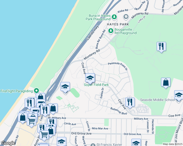 map of restaurants, bars, coffee shops, grocery stores, and more near 4749 Sea Crest Drive in Seaside