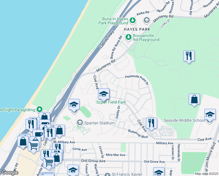 map of restaurants, bars, coffee shops, grocery stores, and more near 4785 Sea Crest Drive in Seaside