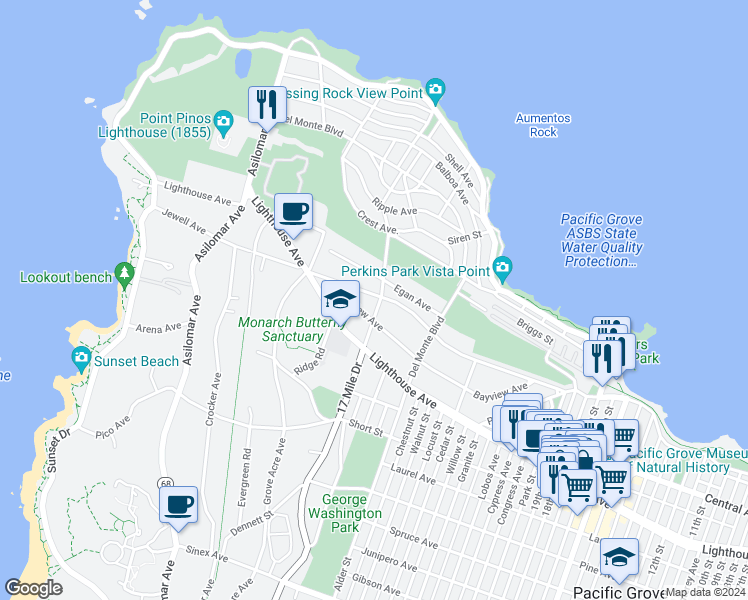 map of restaurants, bars, coffee shops, grocery stores, and more near 1005 Jewell Avenue in Pacific Grove