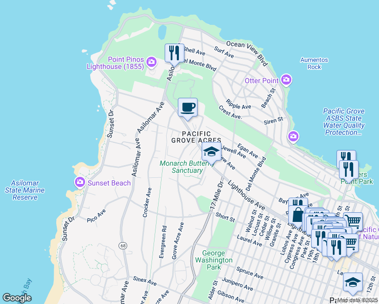 map of restaurants, bars, coffee shops, grocery stores, and more near 215 Grove Acre Avenue in Pacific Grove