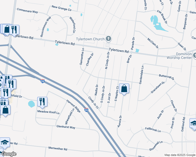 map of restaurants, bars, coffee shops, grocery stores, and more near 3769 Nadia Drive in Clarksville