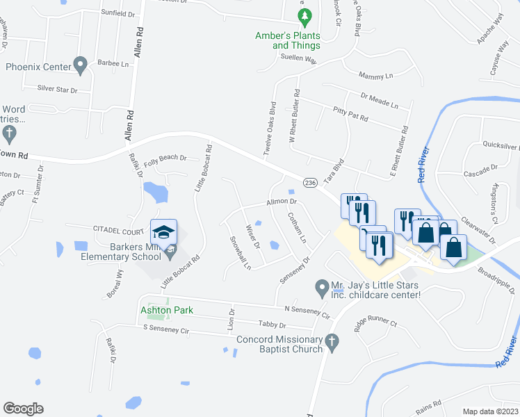 map of restaurants, bars, coffee shops, grocery stores, and more near 1294 Allmon Drive in Clarksville