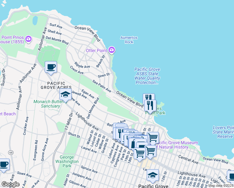map of restaurants, bars, coffee shops, grocery stores, and more near 827 Ocean View Boulevard in Pacific Grove