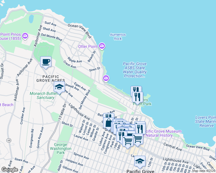 map of restaurants, bars, coffee shops, grocery stores, and more near 813 Ocean View Boulevard in Pacific Grove