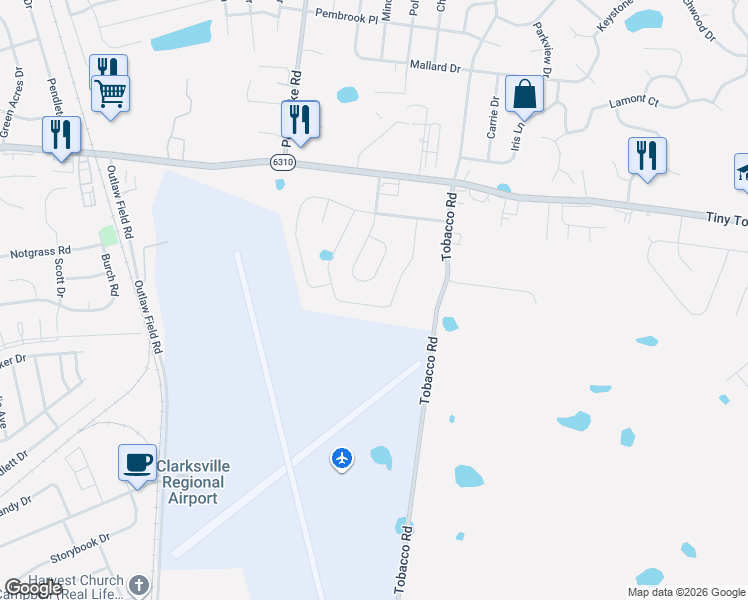 map of restaurants, bars, coffee shops, grocery stores, and more near 1918 Sunset Meadows Way in Clarksville