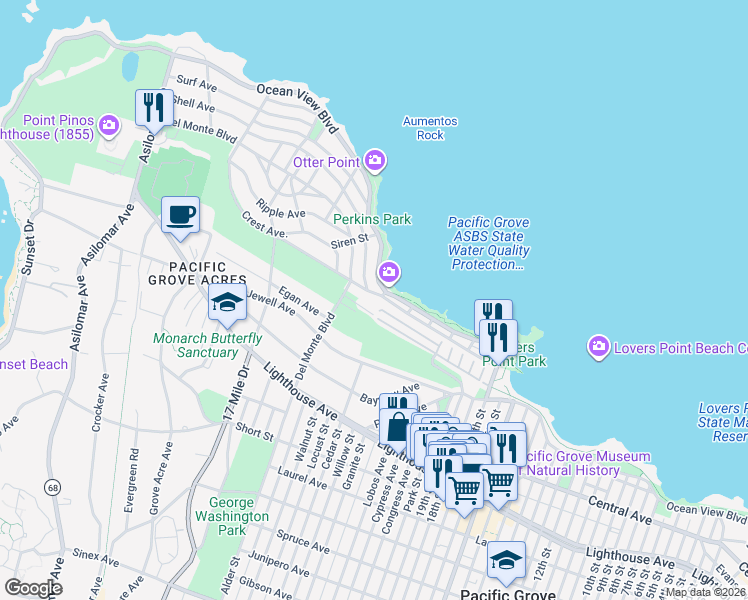map of restaurants, bars, coffee shops, grocery stores, and more near 835 Sea Palm Avenue in Pacific Grove