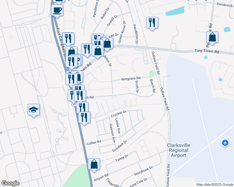 map of restaurants, bars, coffee shops, grocery stores, and more near 2616 Shaub Court in Clarksville