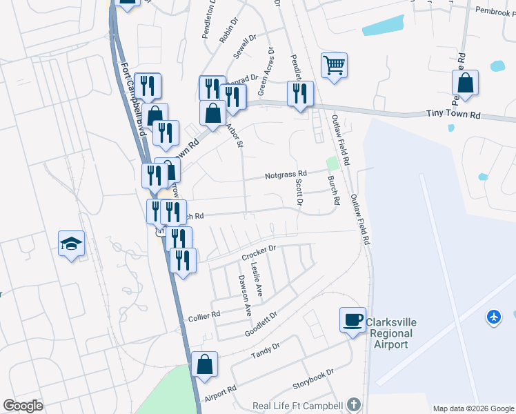 map of restaurants, bars, coffee shops, grocery stores, and more near 2616 Shaub Court in Clarksville