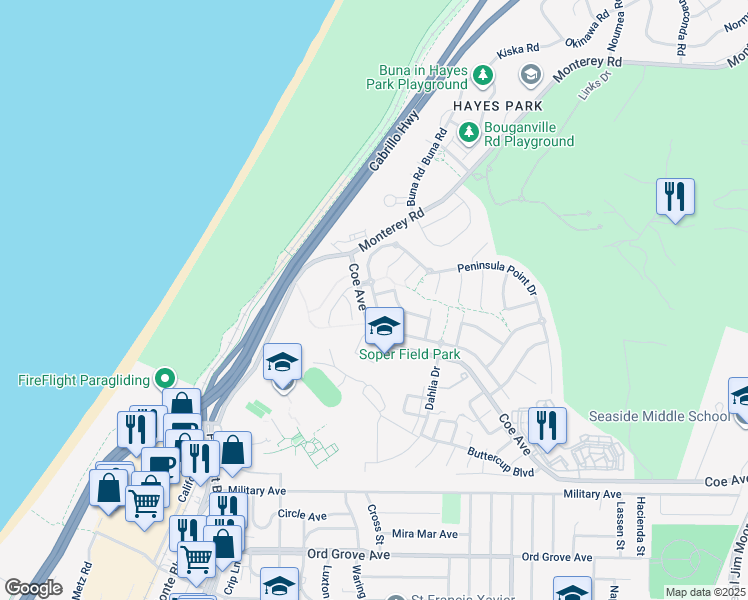 map of restaurants, bars, coffee shops, grocery stores, and more near 15 Peninsula Point Drive in Seaside