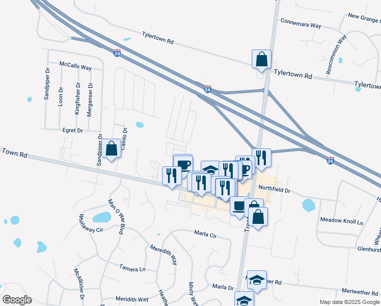 map of restaurants, bars, coffee shops, grocery stores, and more near 600 Abby Creek Drive in Clarksville