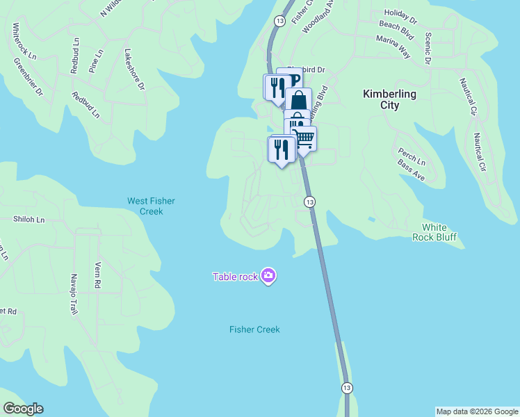 map of restaurants, bars, coffee shops, grocery stores, and more near 247 Anchors Point Lane in Kimberling City