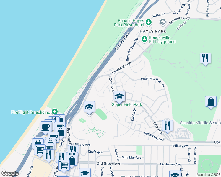 map of restaurants, bars, coffee shops, grocery stores, and more near 4757 Paradise Cove Court in Seaside