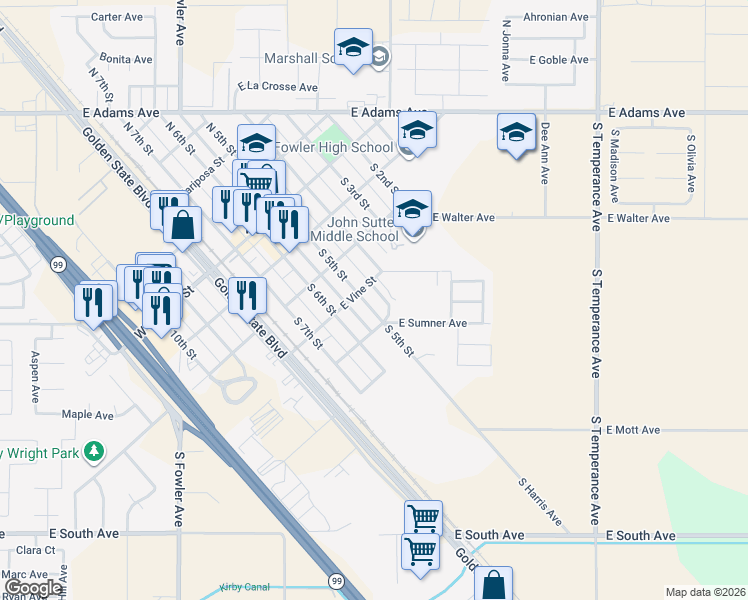 map of restaurants, bars, coffee shops, grocery stores, and more near 333 South 5th Street in Fowler