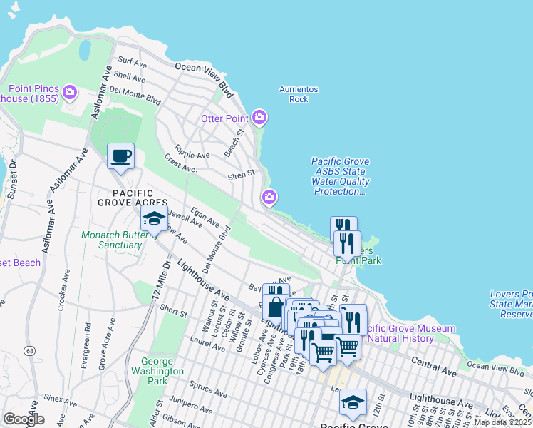 map of restaurants, bars, coffee shops, grocery stores, and more near 827 Ocean View Boulevard in Pacific Grove