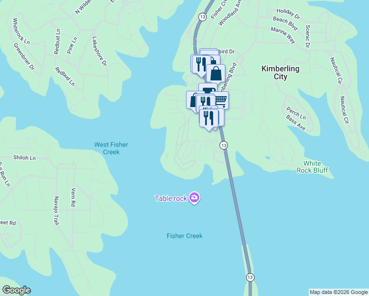 map of restaurants, bars, coffee shops, grocery stores, and more near 247 Anchors Point Lane in Kimberling City