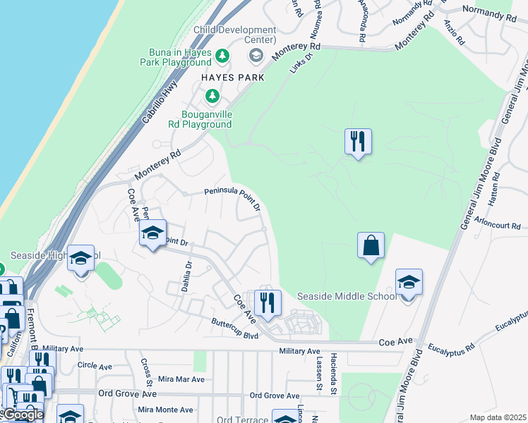 map of restaurants, bars, coffee shops, grocery stores, and more near 4300 Peninsula Point Drive in Seaside