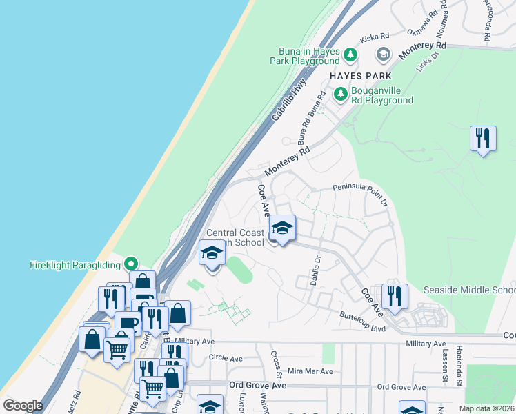 map of restaurants, bars, coffee shops, grocery stores, and more near 15 Peninsula Point Drive in Seaside