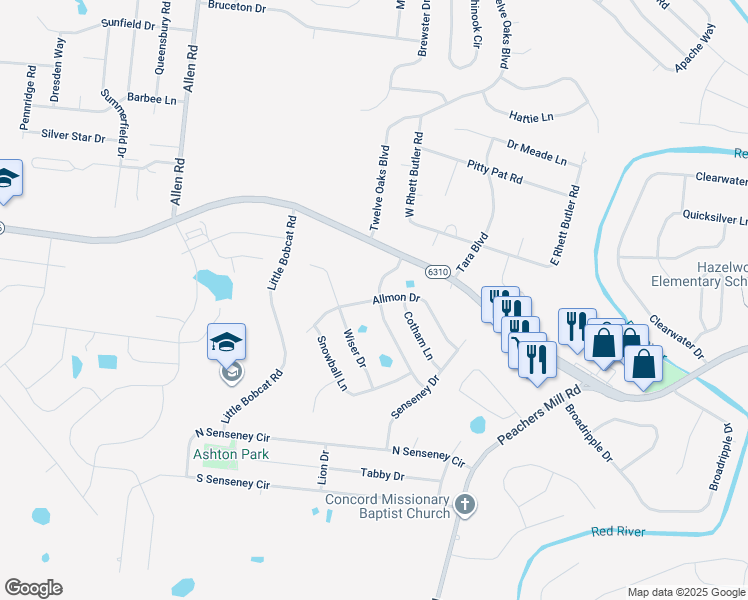 map of restaurants, bars, coffee shops, grocery stores, and more near 1309 Allmon Drive in Clarksville