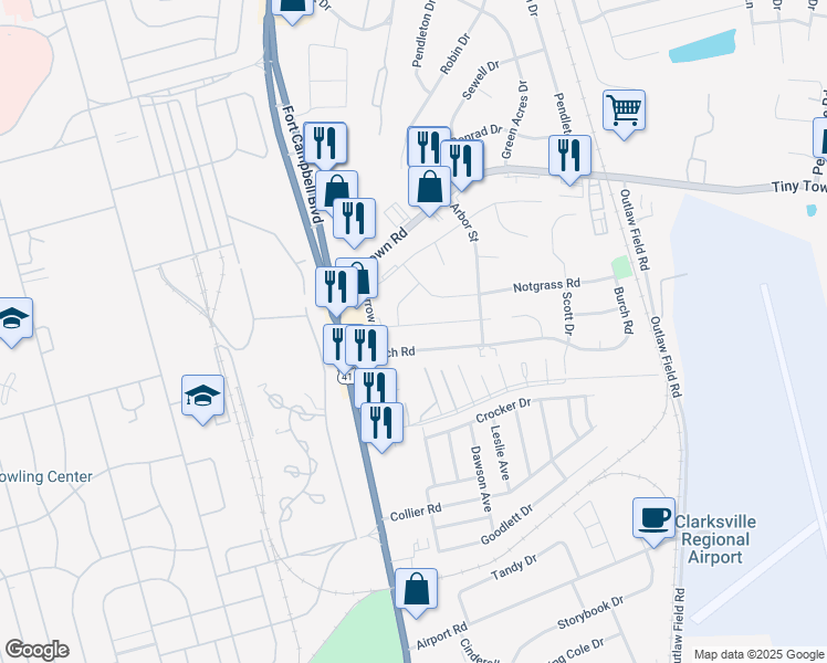 map of restaurants, bars, coffee shops, grocery stores, and more near 219 King Road in Clarksville