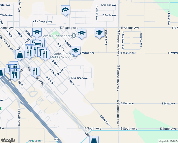 map of restaurants, bars, coffee shops, grocery stores, and more near 1520 Jameson Drive in Fowler